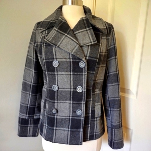 Old Navy Black & Gray Plaid Pea Coat Jacket, Sz S - Picture 2 of 4